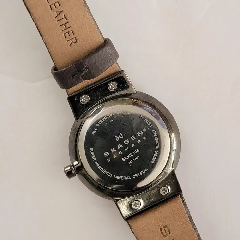Skagen Womens Watch 25mm Gray Dial Gray Case Gray Leather Strap Quartz
